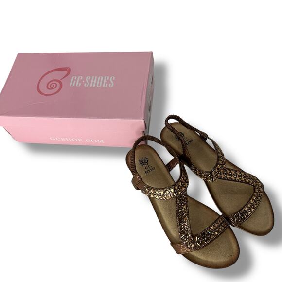 NEW GC Shoes Sandals Size 8 Brown rhinestone Embellished Low Wedge Strappy Boho - Picture 5 of 13